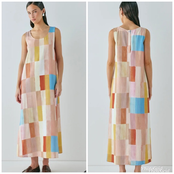 VRG Grl Cate smock patchwork neutral scoop neck sleeveless midi dress size 8 - Picture 1 of 15